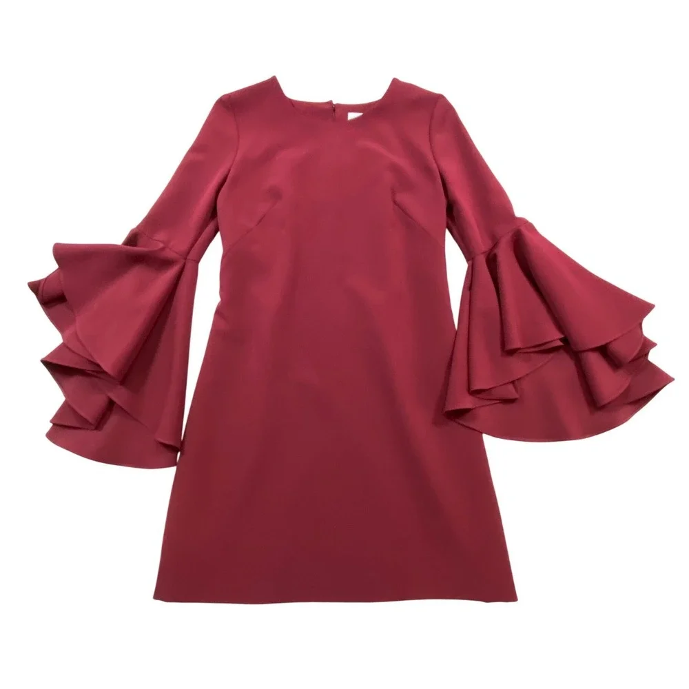 Milly Burgundy Tiered Bell Sleeve Crepe Shift Dress‎ Cocktail Valentines Size 2